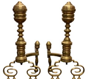 An Antique Pair Of Solid Brass Chippendale Revival Andirons Possibly English