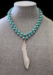 Vintage Native American Style Turquoise Color Long Beaded Feather Necklace