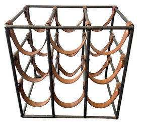 A Mid-Century Modern 9 Bottle Bar Iron & Leather Strap Wine Rack By Arthur Umanoff