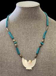 Vintage Southwestern Style  Turquoise Beaded Mother Of Pearl Color Eagle Necklace