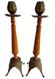 Mid Century Modern Set Of 2 Vtg TALL Wooden & Copper Candlesticks  18-1/4' ( READ Description)
