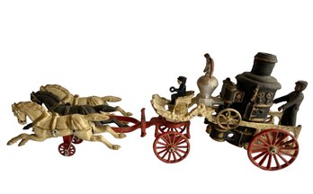 20' Long Antique Cast Iron Horse Drawn Fire Pumper Boiler Wagon- Only Mark Seen Is 'o'- Maker Unknown