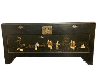 Vintage Black Lacquer Chinoiserie Wedding Chest With Mother Of Pearl Inlay