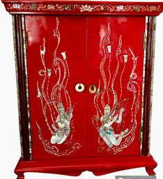 VTG Korean Red Lacquer 4 Drawer Jewelry Box  Mother Of Pearl Inlay 16' H X 13' W X 8' D ( READ Description)