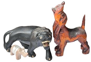 VTG Animal Figures: Carved Black Ebony Lion, Hand Carved Wood Hound Dog, Carved Soap Stone Hippo Made In Kenya