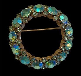 Vintage AB Pronged Blue Rhinestone Circular Pin 2' No Missing Stones