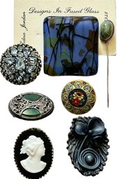 Vintage Lot Of  Pins/Brooches Rhinestone, Italy Mosaic, Dress Clip, Faux Cameo, Art Glass, Sterling Stick Pin