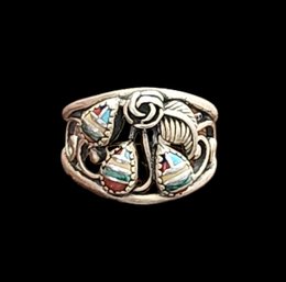 Gorgeous Native American Vintage Sterling Silver Multi Color Ring, Size 7