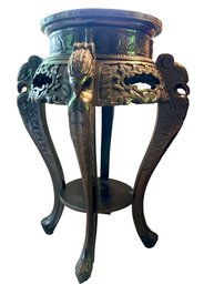 Vintage Carved Oriental Round Side Table With Eagles Heads