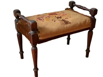 Antique Foot Stool With Floral Needlepoint Seat