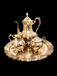 Sheridan Taunton Silver Over Brass 5 Piece Tea Coffee Set, Vintage Lion Makers Mark, Silver Plate, Antique