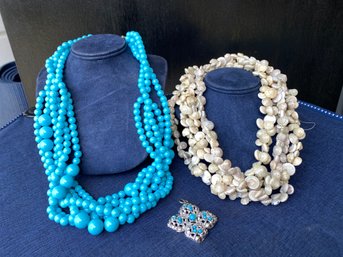 Vintage Blue Bauble Bar Beaded Necklace, Avon Charm And 2 Shell Necklaces