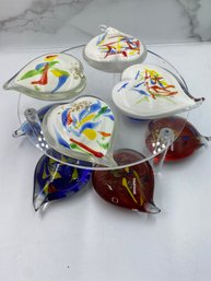 9 Art Glass Hearts Paperweights In Red, White & Blue