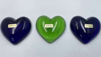 3 Art Glass Heart Paperweights