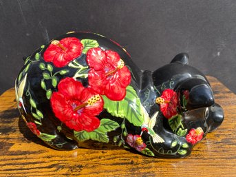 Piggy Bank Black With Red Flowers