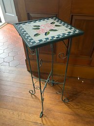 Iron Plant Stand/ Sidetable With Floral Tile Top