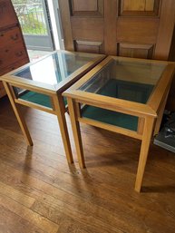 Pair Of Wood Vitrine Side Tables With Glass Inlay