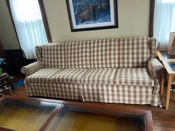 Vintage Extra Large Brown & Cream Checkered Slipcovered Sofa