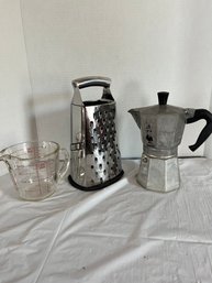 Vintage Kitchen Lot - Coffee Pot, Grater, Measuring Cup