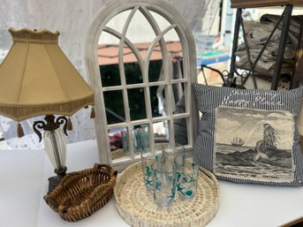 Beach House Decor 2: Lamp, Mirror, Mermaid Pillow, Tray, Tumblers, Basket