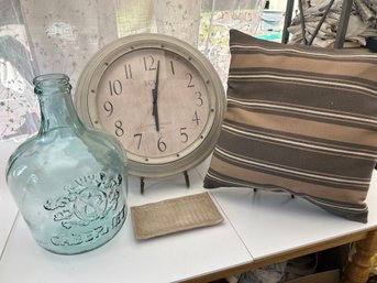 Home Decor: Throw Pillow, Large Wall Clock, Large Glass Bottle