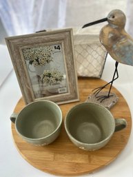 Home Decor Lot: Basket, Seagull, Frame, Large Mugs, Lazy Susan