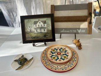 Home Decor: Dishes, Farm Tray, Farmhouse Painting, Sea Turtle, Wood Pigs