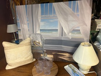 Beach House Decor 3:  Large Painting, Pillow, Tumblers, Lamp, Dish