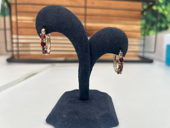 Silver 925 And Garnet Hoop Earrings