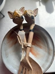 Signed Pottery, Pig Carved Salad Tongs On A Lazy Susan