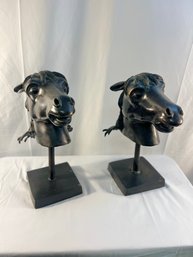 Pair Bronze Mid-century Horse Heads On Stands