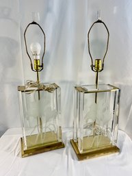 Pair Of Vintage 1980s  Etched Lily On Glass With Brass Lamps