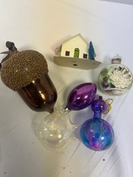 Assorted Vintage Christmas Ornaments Including Blown Glass And Putz House