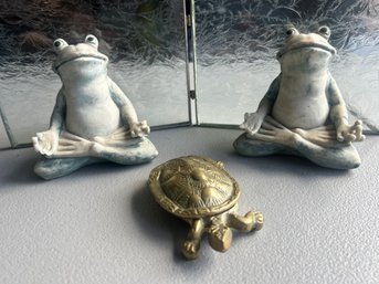 Brass Turtle And 2 Yoga Frogs