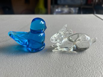 Signed Glass Bluebird Of Happiness And Glass Rabbit