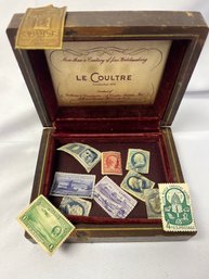 Collectible Vintage LeCoultre Watch Box With Assorted Antique U.S. Postage Stamps