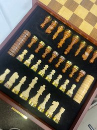 Elegant Vintage Chess & Checker Set With Inlaid Wood Board