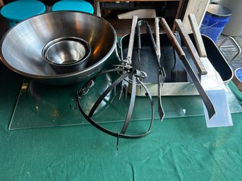 BBQ Tools, Hanging Rack And Metal Bowls