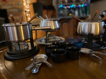 New Years Stainless Steel Fondue Party - 3 Vintage Pots Plus Accessories