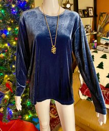 Blue Velour Scoop Neck Womens L Shirt