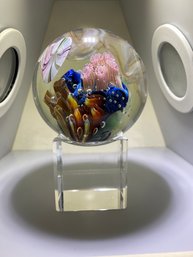 Randy Strong Jellyfish  Dichroic  Art Glass Controlled Bubbles Paperweight  With Glass Base