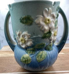 Roseville Pottery White Rose Vase, Shape 985-8, Ciel Blue