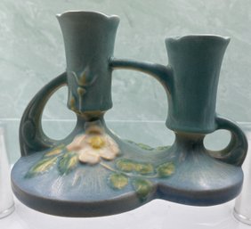 Roseville Pottery White Rose Blue Double Candle Holder