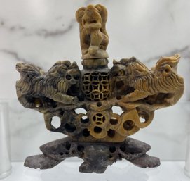 Antique Carved Chinese Soapstone Incense Burner With 3 Foo Dogs