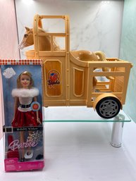 NIB Barbie And Barbie Horse With Trailer