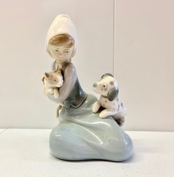 Lladro Girl With Cat And Dog