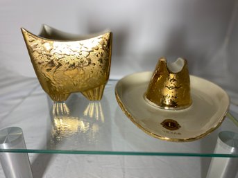 Gold Plated Cigar Ash Tray & Vase
