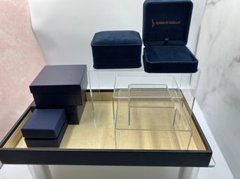 Lucite Display Shelves, Jewelry Boxes And Tray