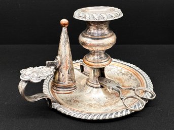An Antique Silver Plate On Copper Candlestick, Snuffer, And Wick Trimmer