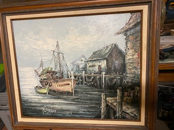 Oil Painting:The Dockside Harbor, Signed By Florence 24 X 28